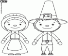 Una familia de Pilgrims, el esposo y la esposa. Tradición del Día de Acción de Gracias