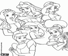 Grupo de seis princesas del mágico mundo: Blancanieves, la princesa Aurora o la Bella Durmiente, la princesa Jasmine, la Cenicienta, la sirenita Ariel y la princesa Bella