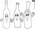 Tres botellas sonrientes de bebidas variadas. Una botella de vino, una botella de refresco y una botella de champán o cava