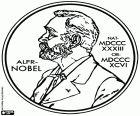 Una medalla conmemorativa de los Premio Nobel. Medalla con la imagen de Alfred Nobel de perfil con la fecha de nacimiento, 21 de octubre de 1833, y la fecha de fallecimiento, 10 de diciembre de 1896. Alfred Nobel, el inventor e industrial sueco que en su testamento destinó su fortuna a los premios Nobel. Alfred Nobel inventó la dinamita. Los premios Nobel se otorgan cada año desde 1901 a las personas más destacadas en Física, Química, Medicina, Literatura y Paz