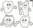 Tres dientes diferentes, uno sano, uno enfermo y otro enfadado con el cepillo de dientes y el dentífrico. La importancia de la limpieza dental después de cada comida