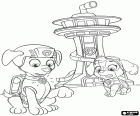 Zuma y Skye se encuentran en el exterior del cuartel general de la patrulla Paw Patrol. Los perritos reciben la señal de alerta en sus collares interactivos