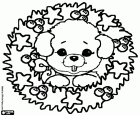 Un perrito, un cachorro con la cabeza dentro de una corona de Navidad