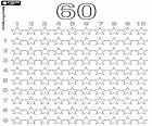 Un dibujo para colorear didáctico con las estrellas para aprender a contar hasta sesenta. Sesenta son seis decenas