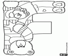 La letra F formada por un oso con bufanda haciendo el pino con un solo brazo y con el otro brazo aguantando a una pequeña osa en posición horizontal