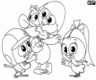 En esta imagen para colorear vemos al pollito Calimero jugando con sus tres mejores amigos, Valeriano, Priscilla y Piero