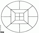 Un mandala circular diseñado a partir dos cuadrados divididos en cuartos, en un caso ortogonalmente y en el otro en diagonal