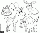 Dibujo para colorear con tres animales del bosque como un alce, un jabalí y una liebre