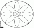 Un mandala circular geométrico parecido a una flor con ocho pétalos y pequeño círculo en el centro