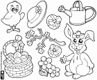 Un conjunto de dibujos sobre tradiciones laicas de la Pascua. Un pollito de Pascua, unos huevos de Pascua, un conejo de Pascua junto con elementos relacionados con la primavera