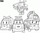 Los cuatro personajes principales de Robocar Poli: Robovan Amber, Robocopter Helly, Robotruck Roy y Robocar Poli