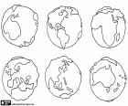 Representación de los seis continentes de nuestro planeta: Antártida, América, África, Europa, Asia y Oceanía