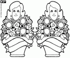 Un dibujo doble para el día del Madre. Dos mamás con dos cestos llenos de flores para la celebración del Día de la Madre