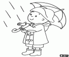Caillou y la lluvia. Caillou ve que está empezando a llover. El niño está completamente equipado para la lluvia con paraguas, chubasquero, botas de agua y sombrero impermeable