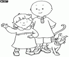 Caillou con su hermana pequeña Rosie y su gato Gilbert. Caillou es un niño muy responsable que cuida mucho de su hermanita y de su gatito