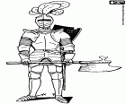 Un guerrero medieval con la armadura y armado con un hacha de batalla