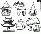 Colección de seis casas típicas de diferentes lugares del mundo. Una izba de Rusia, una choza de África, un tipi de América del Norte, una casa de Japón, un iglú del Ártico, una casa rural de Ucrania
