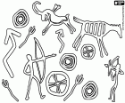Un dibujo para colorear con variados grafismos propios de la prehistoria. La temàtica principal de los iconos prehistóricos son las cacerías