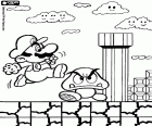 Una escena de un videojuego de Super Mario. El protagonista es Mario que salta por encima de su enemigo Goomba bajo la mirada de las sonrientes nubes