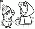 Los dos cerditos, los hermanos Pig, Peppa y George con sus disfraces y calabazas de Halloween