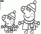 Los hermanos Peppa Pig y George Pig con la ropa de abrigo en pleno invierno. Peppa y George con abrigo, bufanda y gorro