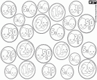 Un surtido de las diferentes monedas de Pypus, tres monedas de cada tipo para un total de 24 monedas dispuestas aleatoriamente