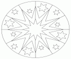 Un mandala de perímetro circular formado por dos estrellas concéntricas centrales y otras estrellas decorativas en la franja exterior 