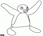 Pingu es un pequeño pingüino feliz, en este dibujo lo vemos con las alas abiertas