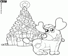 El perro está muy feliz en las fiestas de Navidad. En este dibujo para colorear el perro está al lado del árbol de Navidad