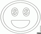 El emoticono de la felicidad con el dinero. Smiley está pensando en el dinero que puede ganar. Una cara de Smiley con una gran sonrisa y el símbolo del dólar en los ojos