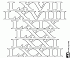 Seguimos avanzando en el sistema de numeración romana para llegar hasta 100. Las cifras romanas 67, 68, 69, 70, 71 y 72 en este dibujo para colorear