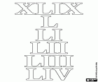 En esta lámina educativa sobre el sistema de numeración romana, los números romanos 49, 50, 51, 52, 53 y 54 