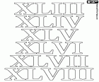 En nuestra colección de dibujos para colorear sobre el sistema de numeración romana, aquí tenemos los números 43, 44, 45, 46, 47 y 48