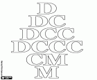 Una hoja didáctica con las cifras romanas correspondientes a quinientos D, seiscientos DC, setecientos DCC, ochocientos DCCC, novecientos CM y mil M