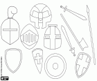 Conjunto de armas, cascos y escudos para la batalla medieval
