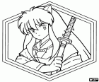 Un retrato de Inuyasha en un marco hexagonal. Inuyasha es el protagonista principal y a la vez es un anti-héroe
