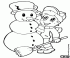Una actividad muy divertida para los niños en invierno es hacer un muñeco de nieve. En este dibujo para colorear vemos a un niño acabando su muñeco de nieve con una cacerola como sombrero y una escoba