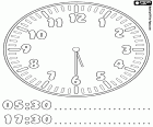 5:30 y 17:30, son las cinco y media de la mañana o de la tarde, las cinco y treinta minutos, en un dibujo para colorear para aprender las horas