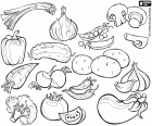 En este dibujo para colorear puedes encontrar una gran variedad de deliciosas y nutritivas verduras muy recomendables para una correcta alimentación