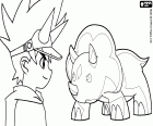 La cara en perfil de Max con las miradas cruzadas con su dinosaurio Chomp, un triceratops. Los protagonistas del anime Dinosaur King