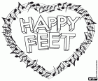El logo de Happy Feet dentro un pentagrama en forma de corazón con notas musicales. Happy Feet: Rompiendo el hielo