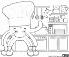 A nuestro amigo Pypus le encanta cocinar. En este dibujo para colorear vemos a Pypus feliz en la cocina con el gorro de cocinero