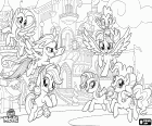 Los Ponys de Equestria en su primer Festival de la Amistad. Twilight con Spike el dragón y sus amigos Pinkie Pie, Rainbow Dash, Rarity, Applejack y Fluttershy