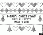 Un dibujo para colorear con un diseño para realizar un bordado en punto de cruz con elementos decorativos de Navidad (como corazones, estrellas y abetos) y con el texto en inglés, Feliz Navidad y un Feliz Año Nuevo, Merry Christmas and a Happy New Year 