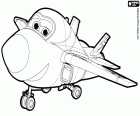 Jerome sonriente en su forma de avión supersónico, un personaje de Super Wings
