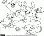 Tres personajes de Baby Looney Tunes jugando con otros pequeños animales, un mono, una tortuga, un escarabajo y un caracol