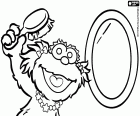 Zoe peinándose delante del espejo. Un personaje de Sesame Street o Barrio Sésamo