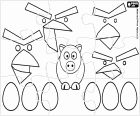 Puzzle del videojuego Angry Birds. Los pájaros furiosos, los huevos y los cerdos
