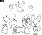 El pingüino Pororo con sus cuatro amigos el castor Loopy, el dinosaurio Crong, el oso polar Poby y el zorro Eddy