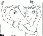 Un dibujo para colorear de la postura de los brazos y las cabezas de Angelina y Alice durante el ejercicio de ballet clásico. Una escena de Angelina Ballerina